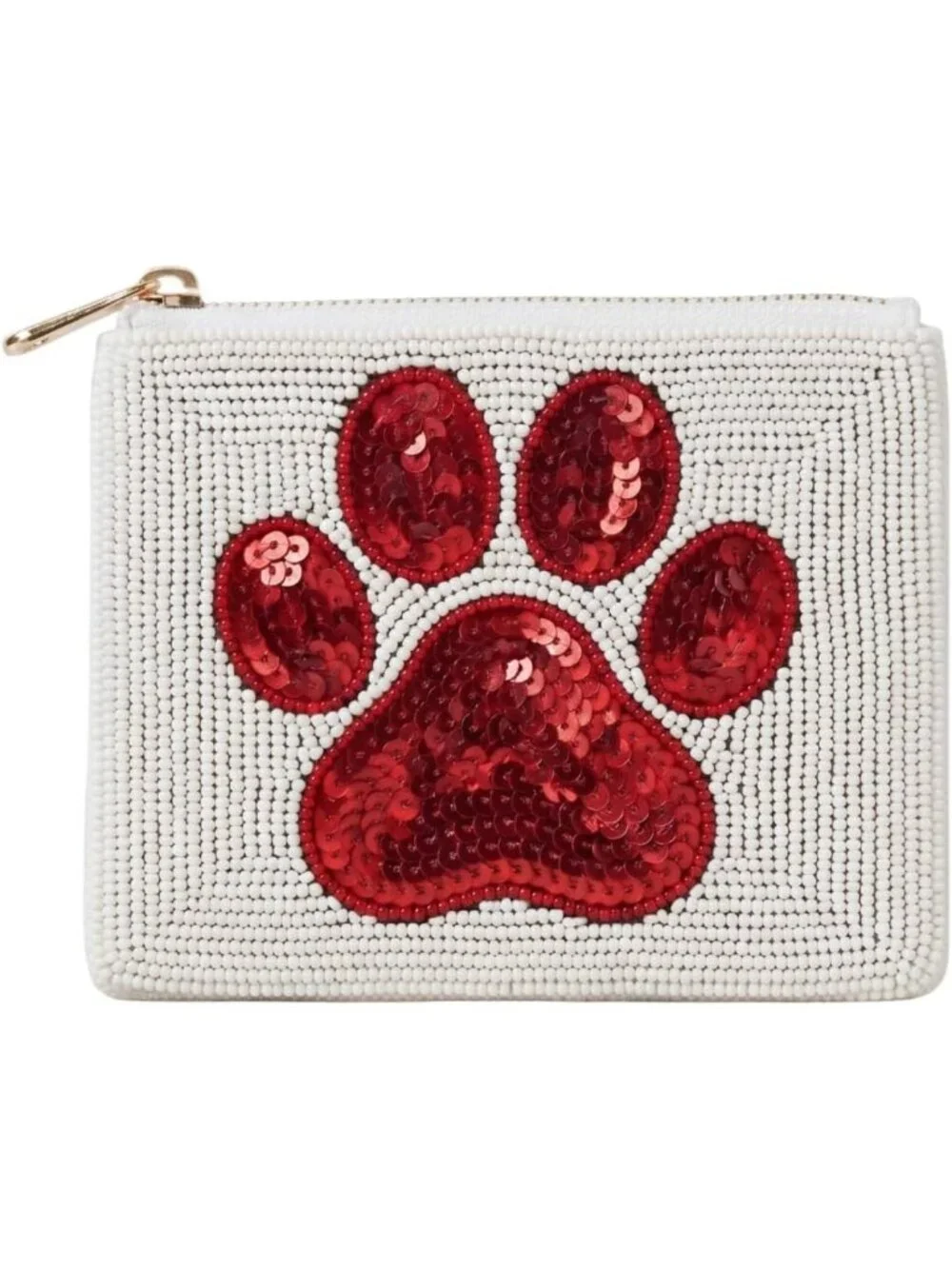 Red Beaded Coin Purse with Zipper, Paw Print Design, Cute Change Wallet